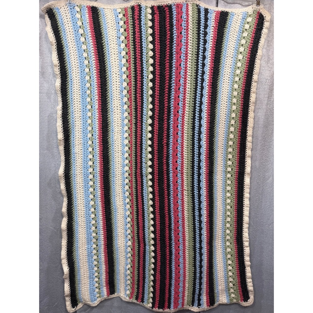 Handmade Crochet‎ Afghan Throw Blanket Striped Bobble Stitch Boho Colorful 50x33